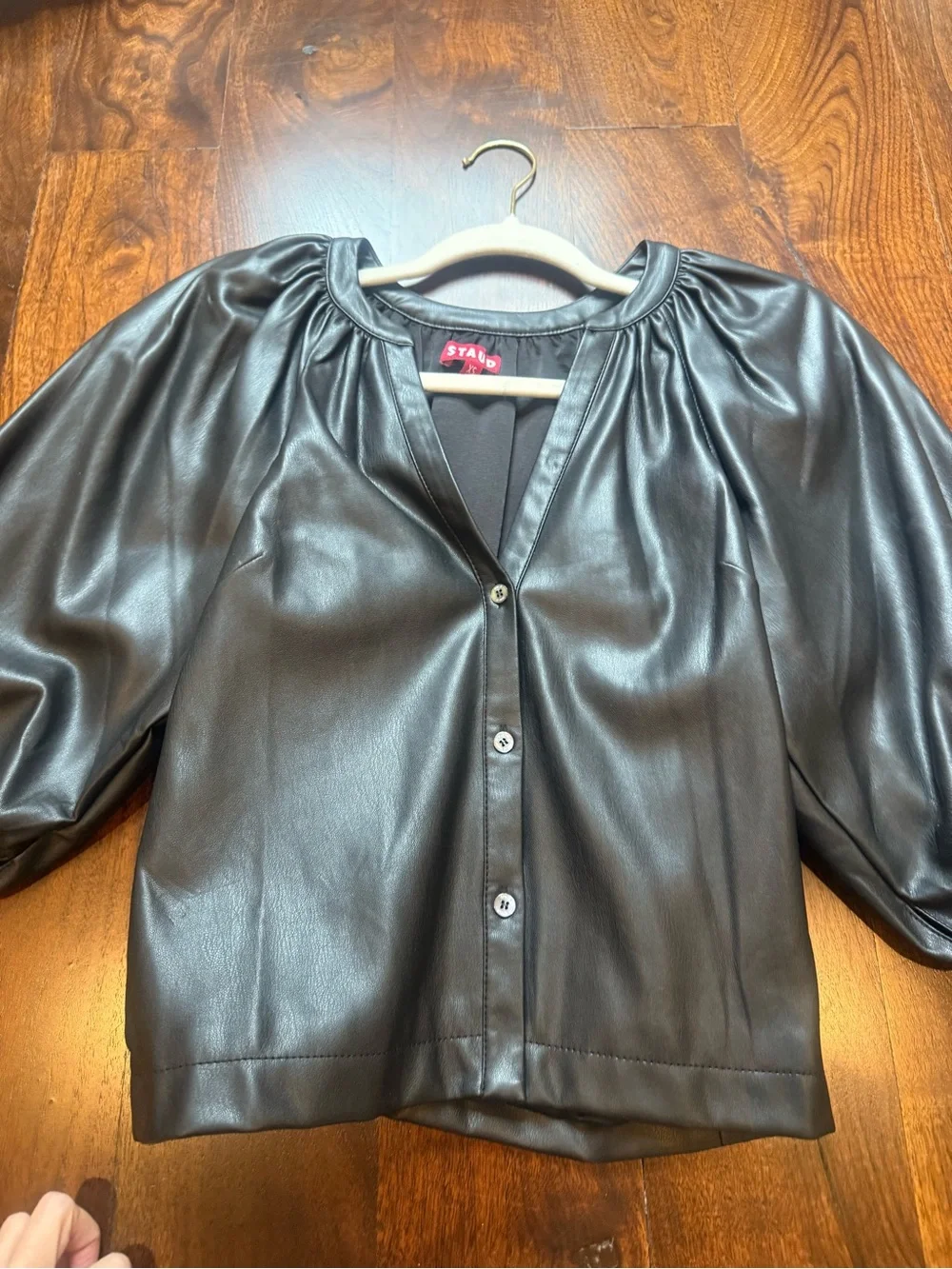 Staud Women's Black Faux Leather Puff-Sleeve Dill Top. Excellent condition XS